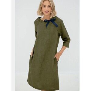 Le Muse Dress Linen Lagenlook Sustainable Minimalist European Olive Green, XL